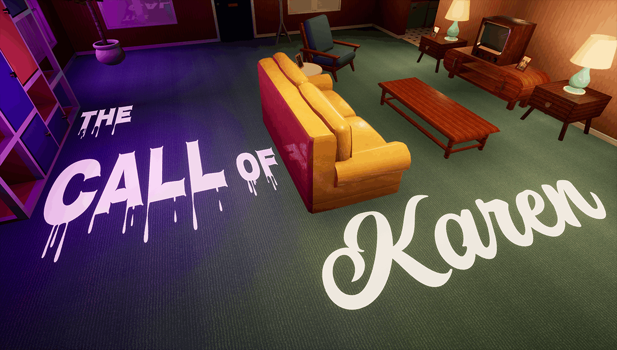 Wordmark Call of Karen drippy font over a overhead rendering of the living room from the game